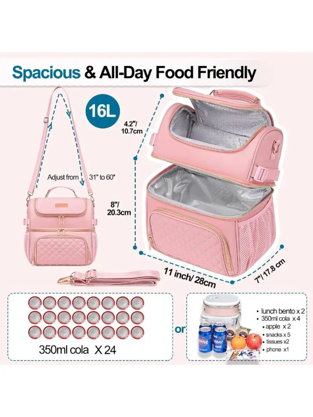 Insulated Dual Compartment Lunch Bag, Leakproof Cooler for Work & Picnic - Pink